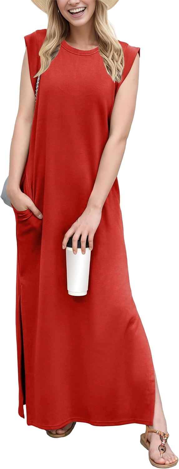 Coralie Women's Sleeveless Maxi Dress with Side Slit, Pockets & Wrinkle-Resistant Fabric