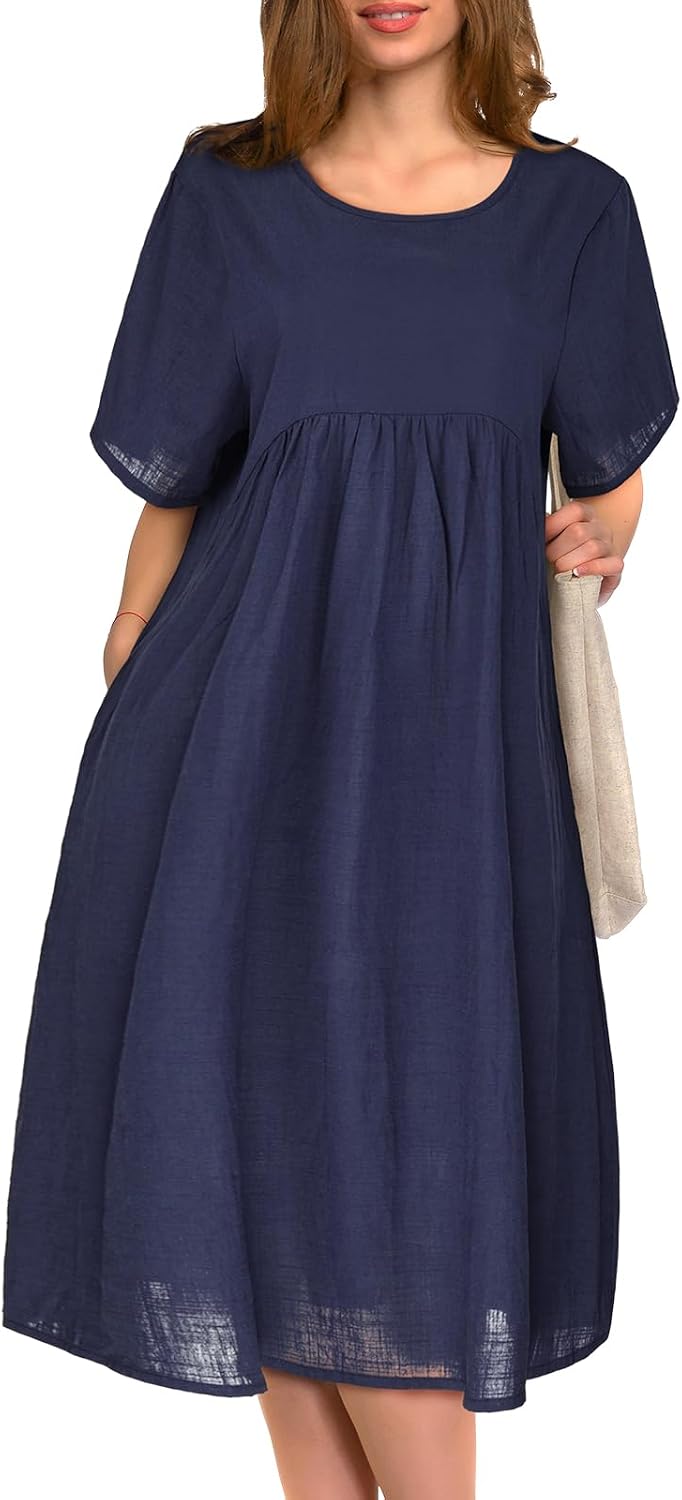 Seraphine Cotton Swing Dress – Short Sleeve Round Neck Midi Dress with Pockets