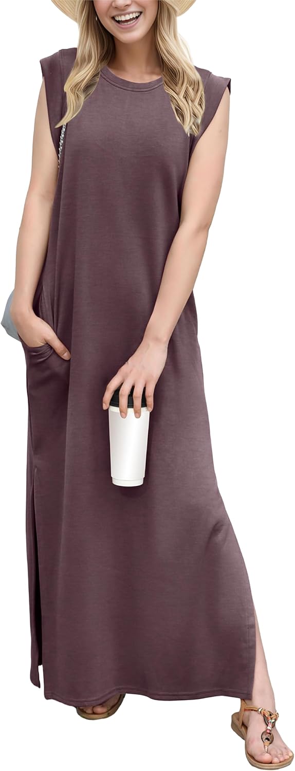 Coralie Women's Sleeveless Maxi Dress with Side Slit, Pockets & Wrinkle-Resistant Fabric