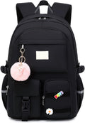 Lucia Large Black Laptop Backpack for College with Pom-Pom Charm and Luggage Strap