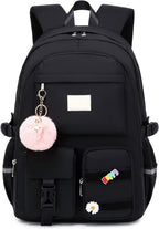 Lucia Large Black Laptop Backpack for College with Pom-Pom Charm and Luggage Strap