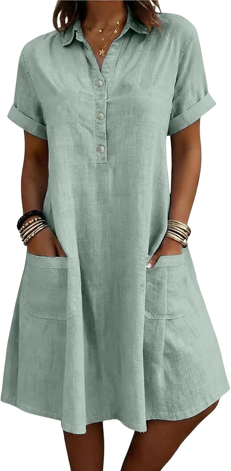 Evelina Linen Blend Shirt Dress – Short Sleeve Midi Dress with Pockets