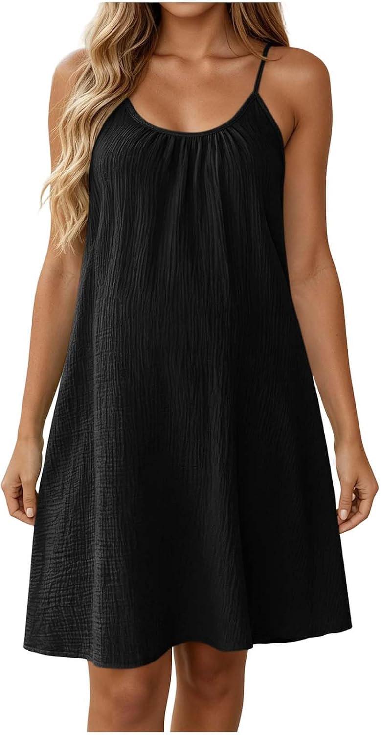 Amélie Cotton Linen Swing Dress – Sleeveless Spaghetti Strap Mini Sundress