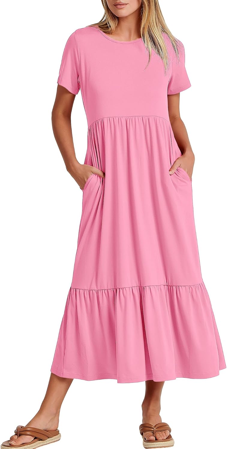 Brielle Women's Tiered Maxi Dress with Short Sleeves, Crew Neck & Side Pockets