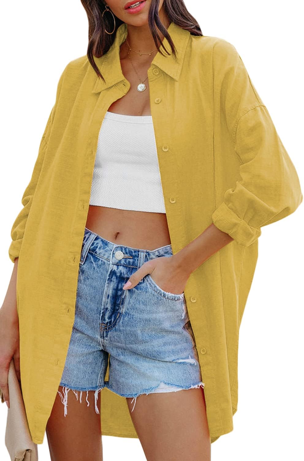 Jelai - Oversized Linen Blend Button-Down Blouse with Long Sleeves and Chest Pocket