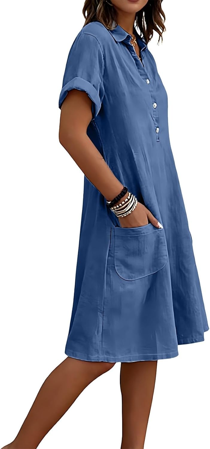 Evelina Linen Blend Shirt Dress – Short Sleeve Midi Dress with Pockets