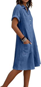 Evelina Linen Blend Shirt Dress – Short Sleeve Midi Dress with Pockets