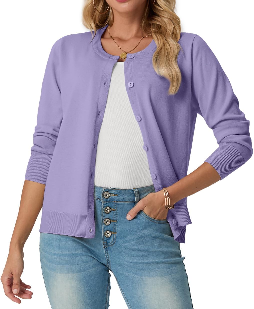 Roxanne - Classic Crew Neck Button Knit Cardigan Sweater for Everyday Layering Women