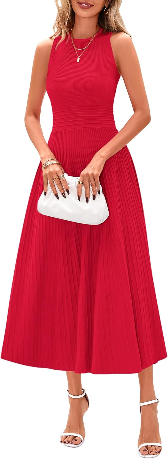Elise Women's Pleated A-Line Midi Dress with Sleeveless Crew Neck & High Waist