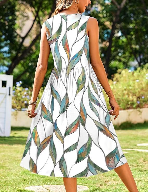 Evangeline Women's Sleeveless Botanical Print A-Line Midi Dress with Pockets