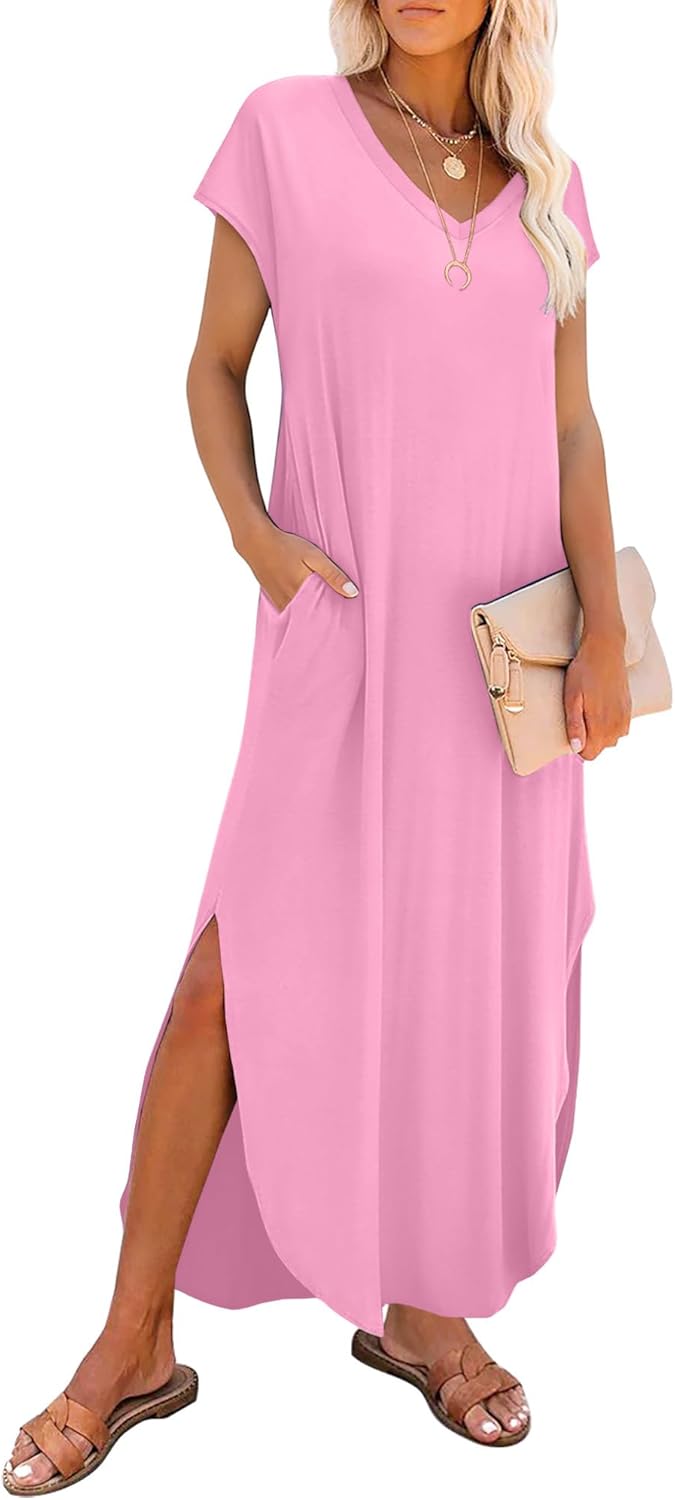 Mireya V-Neck Cap Sleeve Maxi Dress with Side Slits and Pockets for Everyday Summer Style