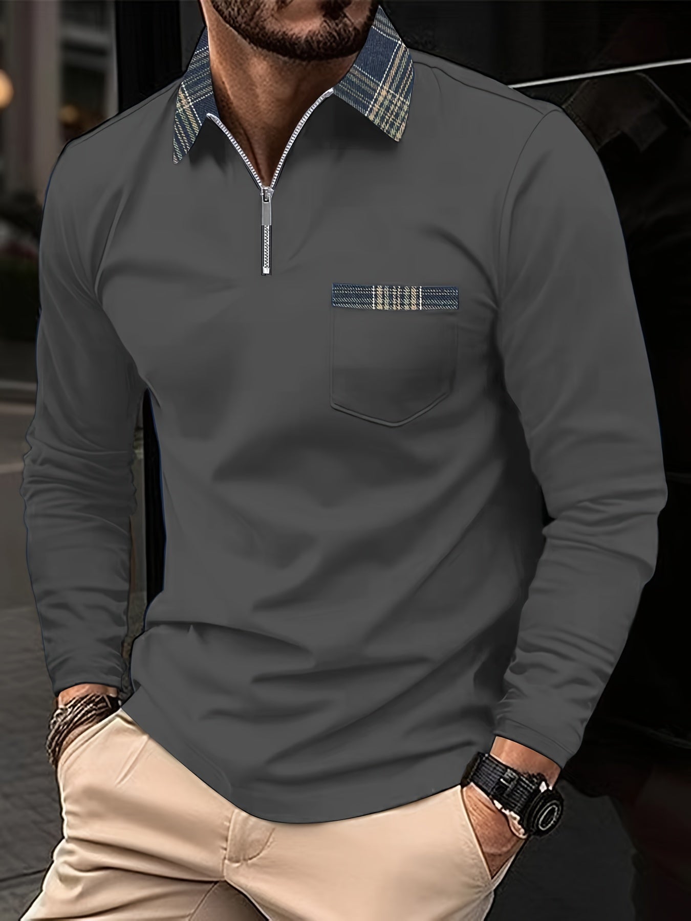 Dorian Men's Long Sleeve Polo Shirt with Zip Collar & Classic Check Pattern