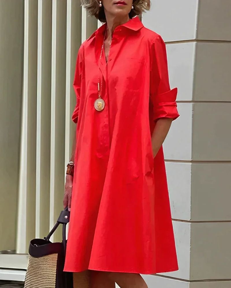 Madeline Women's Shirt Dress – Long Sleeve Midi Dress with Classic Collar & Side Pockets