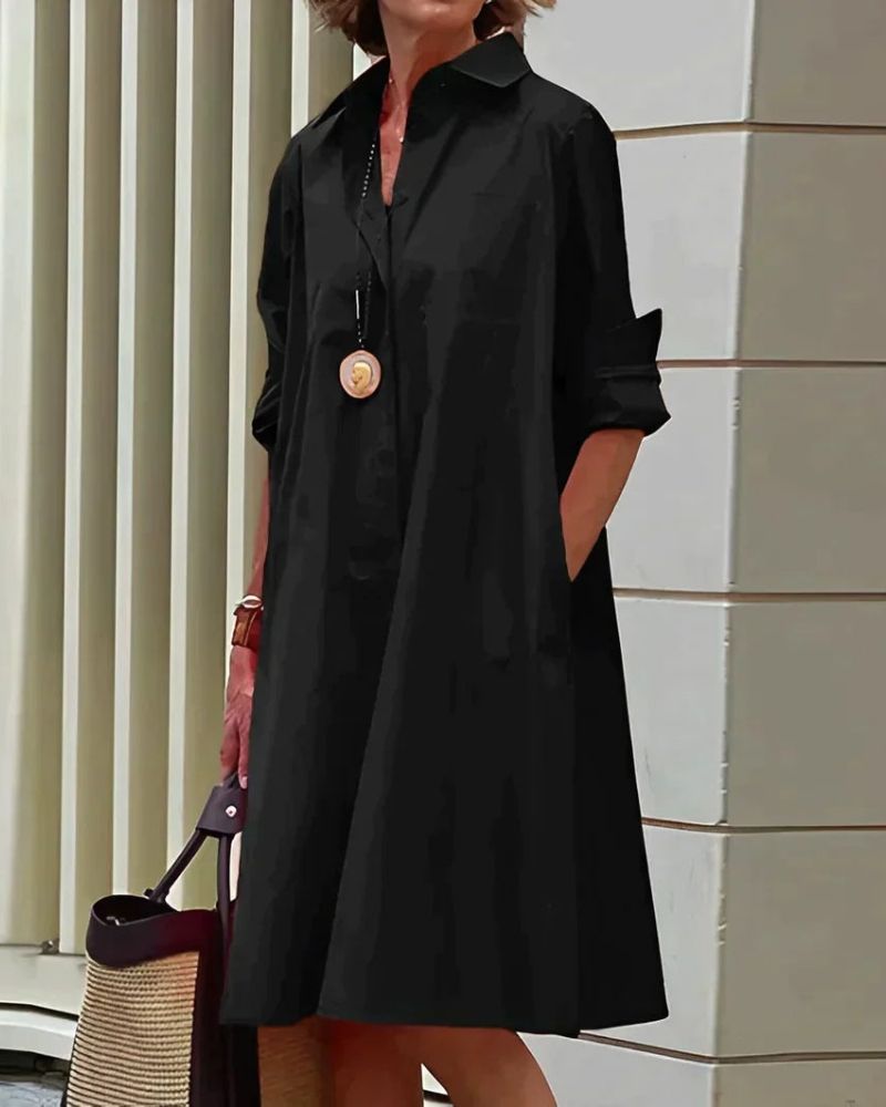Madeline Women's Shirt Dress – Long Sleeve Midi Dress with Classic Collar & Side Pockets