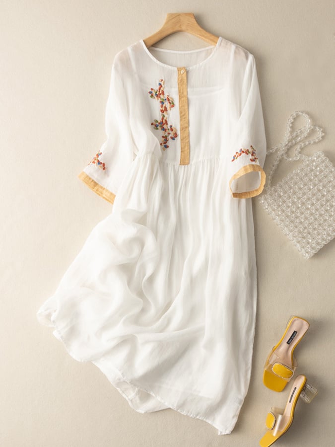 Amélie Women's Embroidered Cotton Linen Dress – Bohemian Relaxed-Fit Midi Dress