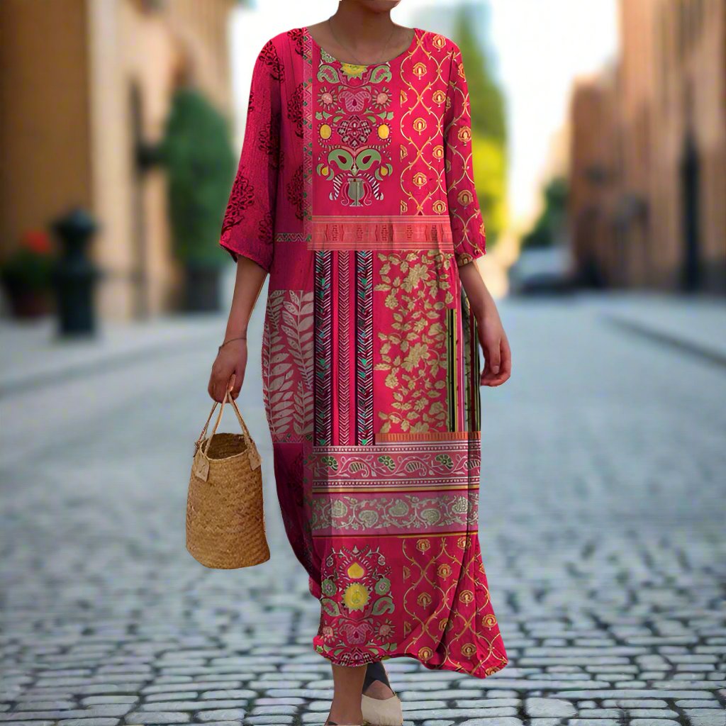 Angela Women's Maxi Dress – Red Ethnic Bohemian Print in Airy, Flowing Cotton