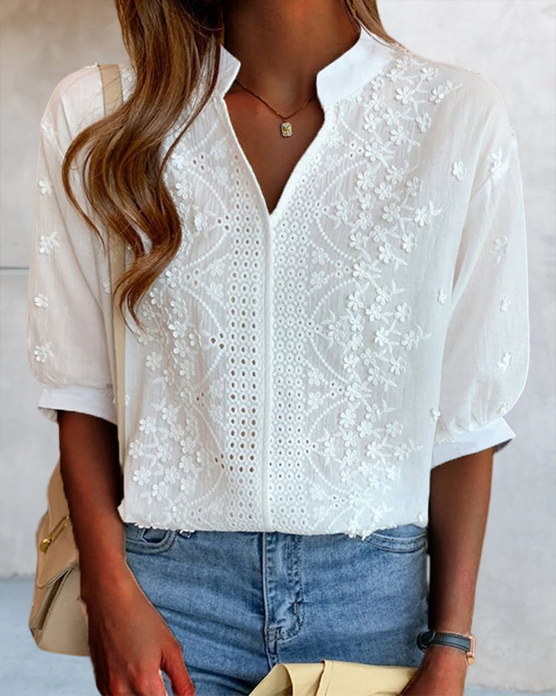 Barnaby Women's Blouse – V-Neckline Top with Puff Sleeves, Cotton-Blend Fabric & Patchwork Accents