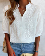 Barnaby Women's Blouse – V-Neckline Top with Puff Sleeves, Cotton-Blend Fabric & Patchwork Accents