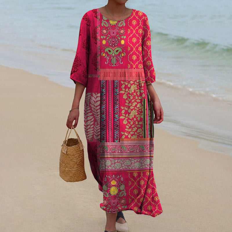Angela Women's Maxi Dress – Red Ethnic Bohemian Print in Airy, Flowing Cotton