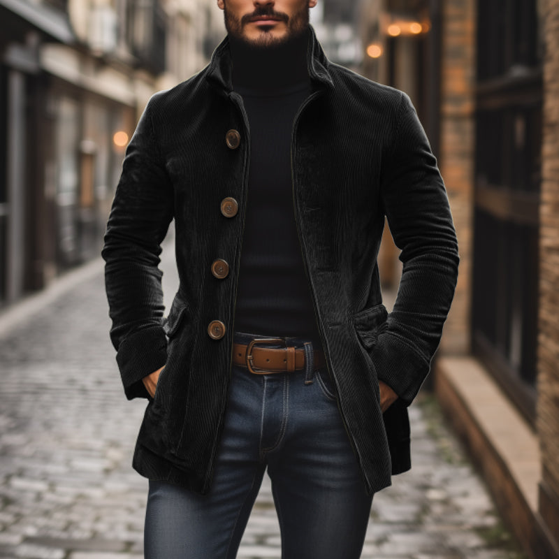 Simon Men's Corduroy Coat – Fitted Silhouette with Mandarin Collar & Sophisticated Side Slip Pockets