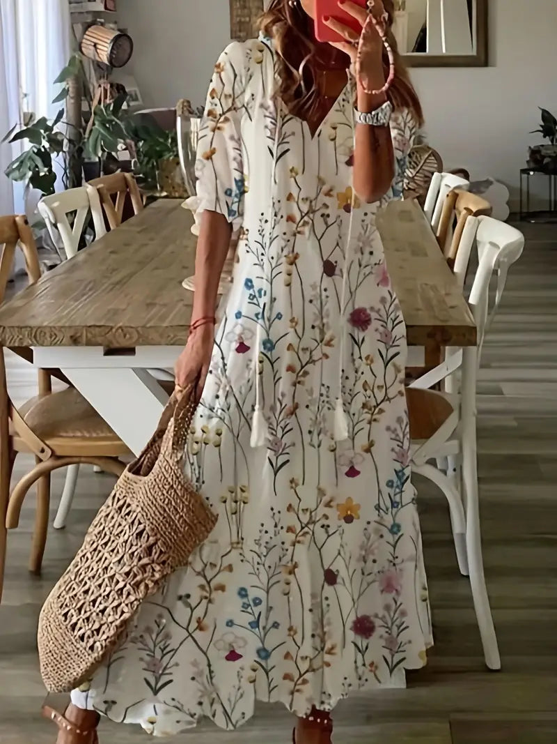 Charlotte Women’s Boho Dress – Ikat Print Summer Dress with V-Neck & Ruffle Details