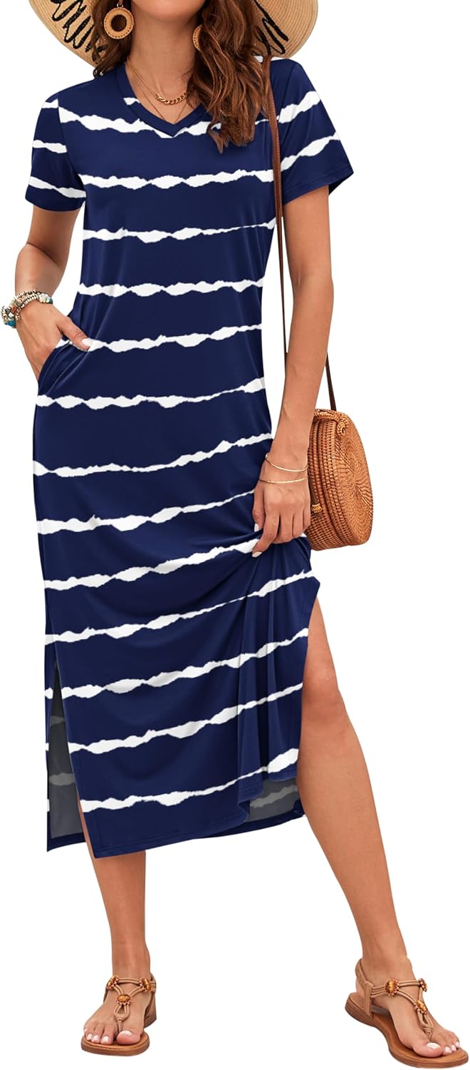 Celestia Women's Printed V-Neck Maxi Dress with Side Slits & Pockets