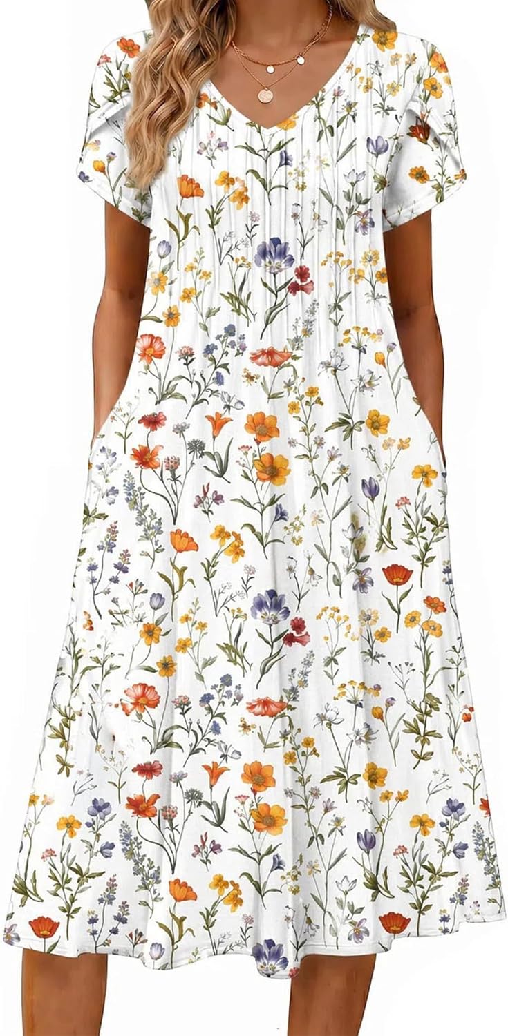 Rosalie Women's Pleated A-Line Midi Dress with V-Neck, Petal Sleeves & Side Pockets