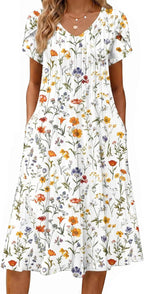 Rosalie Women's Pleated A-Line Midi Dress with V-Neck, Petal Sleeves & Side Pockets