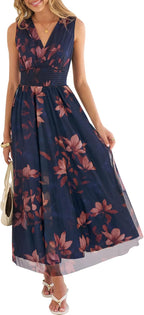 Rosalind Women's Floral Tulle Maxi Dress with V-Neck, Sleeveless A-Line Silhouette & Elastic Waist