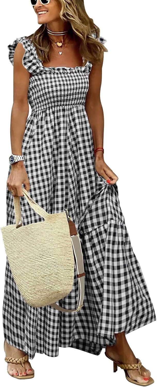 Genevieve Women's Plaid Smocked Midi Dress with Ruffle Straps, Square Neck & Pockets