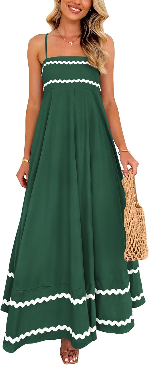 Elowyn Women's Square Neck Maxi Dress with Smocked Back, Ruffle Hem & Pockets