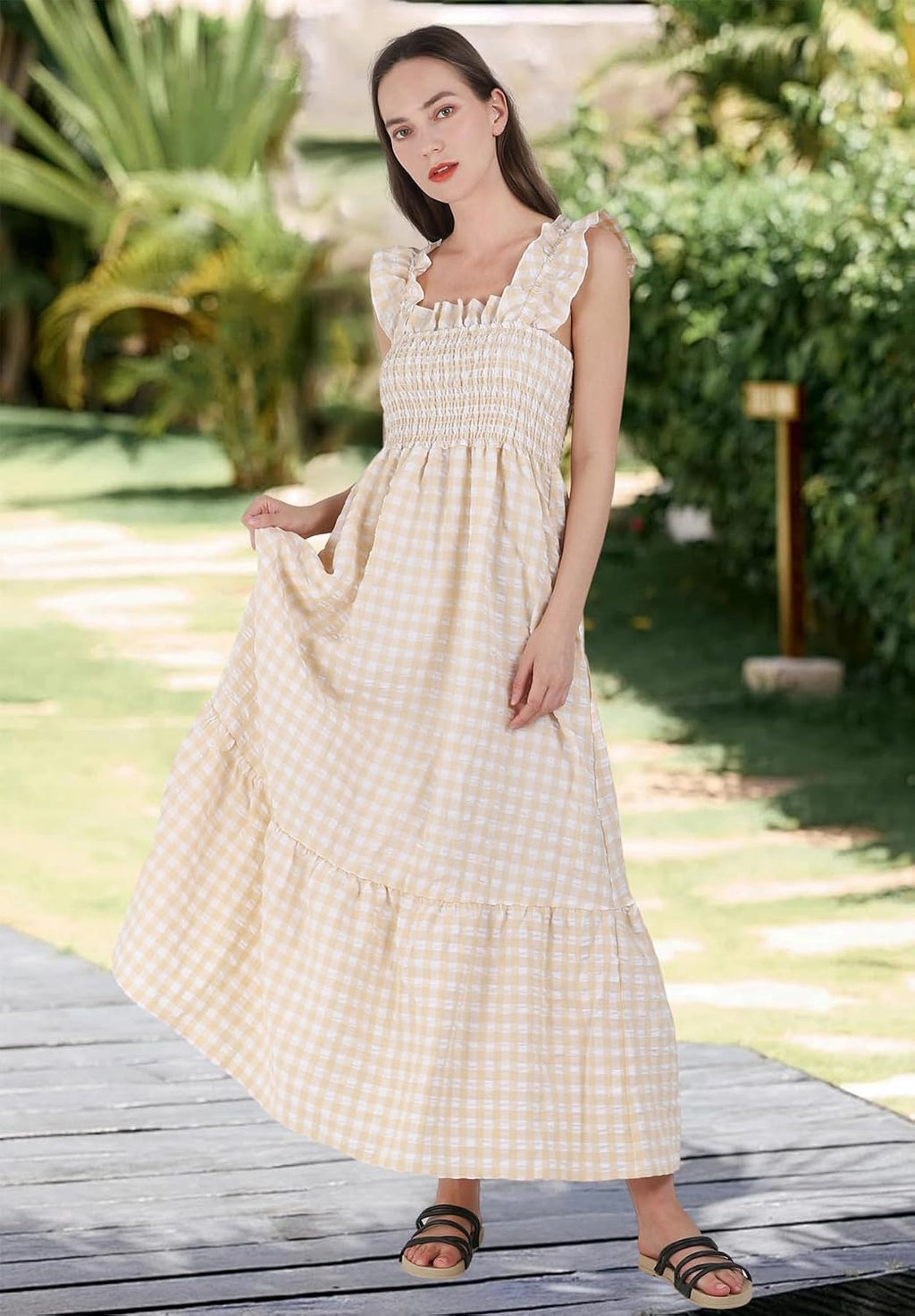 Genevieve Women's Plaid Smocked Midi Dress with Ruffle Straps, Square Neck & Pockets