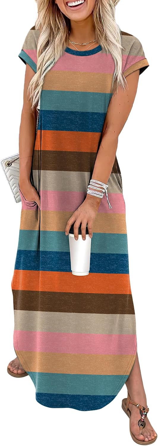 Althea Floral Cap Sleeve Maxi Dress with Pockets, Crew Neck & Relaxed Summer Fit