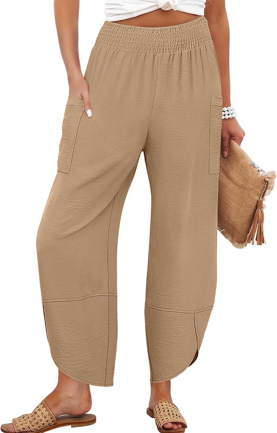 Maëlys Women's Smocked Waist Barrel Leg Cropped Pants with Utility Pockets