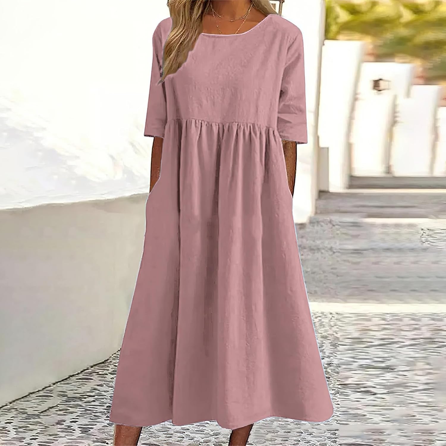 Elowen Cotton Linen Blend Maxi Dress with Round Neck, Short Sleeves and Side Pockets
