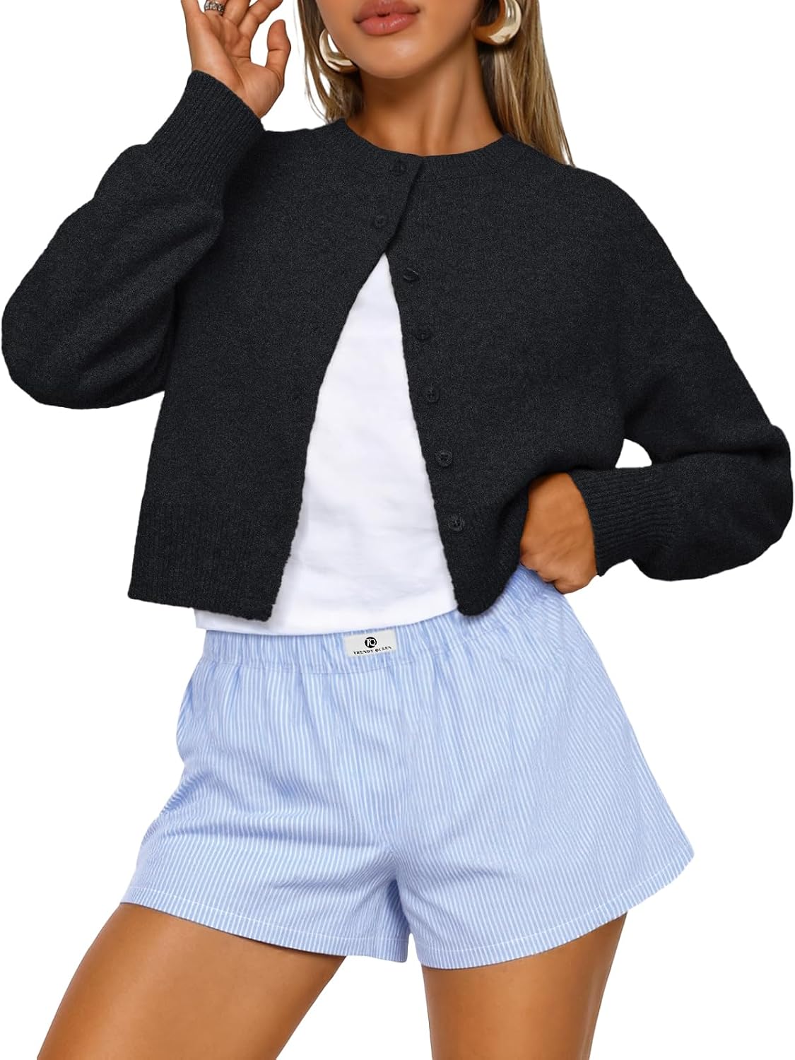 Marielle Cropped Knitted Cardigan with Crew Neck Button Front Lightweight Sweater
