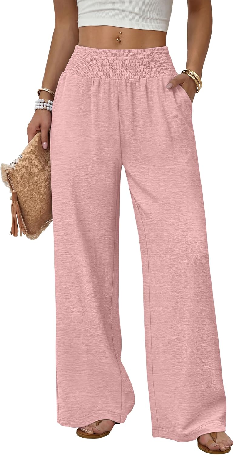 Solenne Women's High-Waisted Wide Leg Lounge Pants with Smocked Waist & Pockets