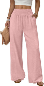 Solenne Women's High-Waisted Wide Leg Lounge Pants with Smocked Waist & Pockets
