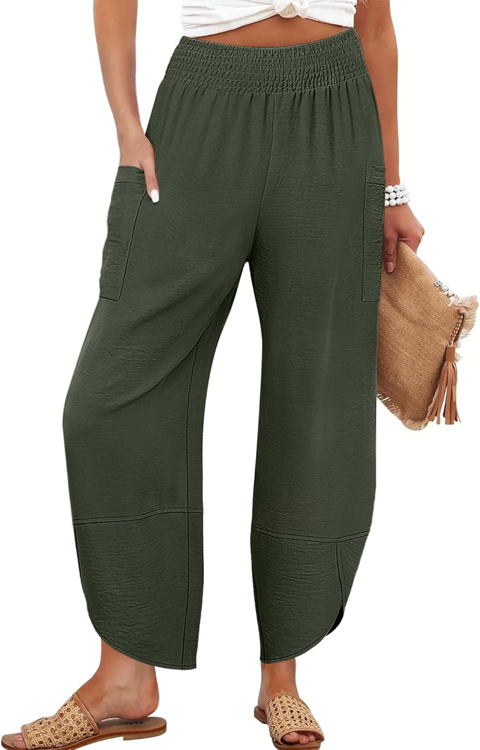 Maëlys Women's Smocked Waist Barrel Leg Cropped Pants with Utility Pockets