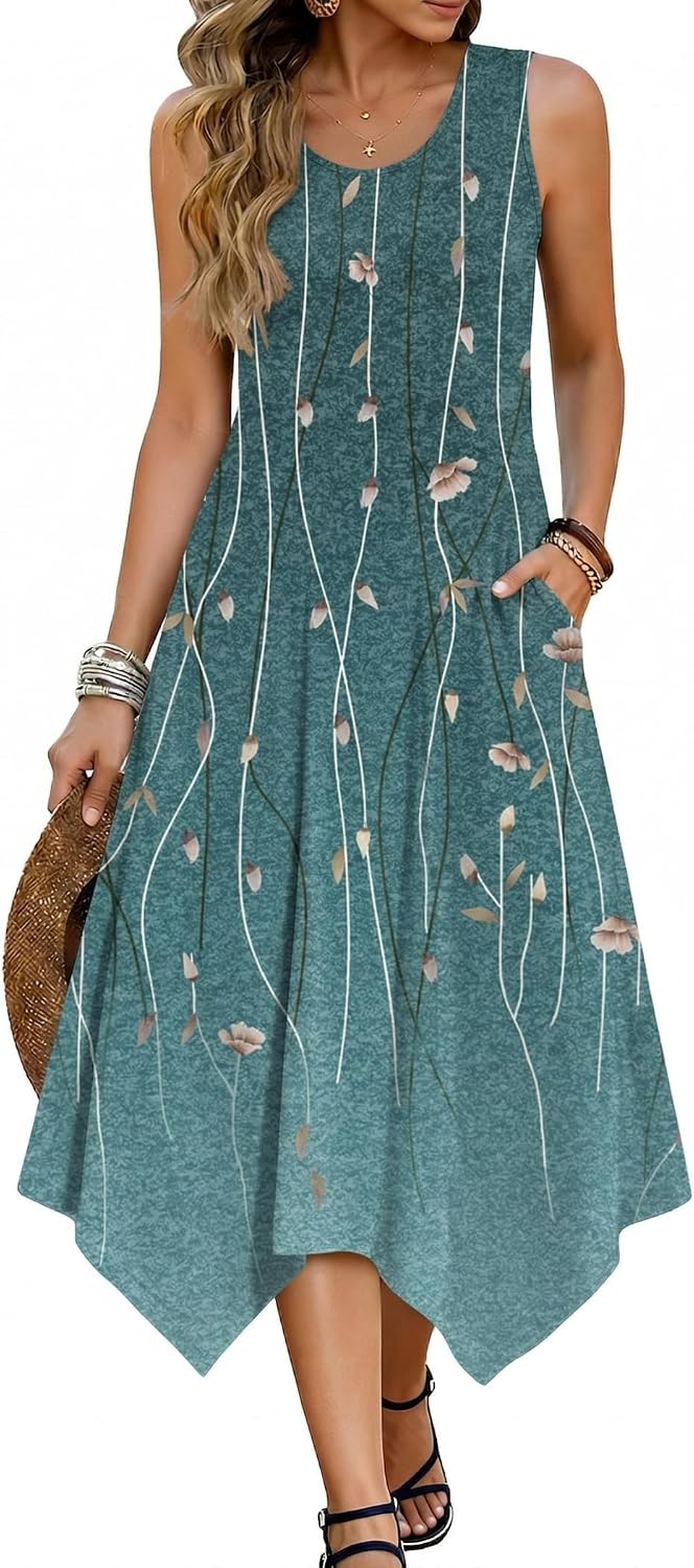 Avelisse Women's Bohemian Floral Handkerchief Midi Dress with Pockets