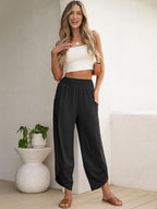 Maëlys Women's Smocked Waist Barrel Leg Cropped Pants with Utility Pockets