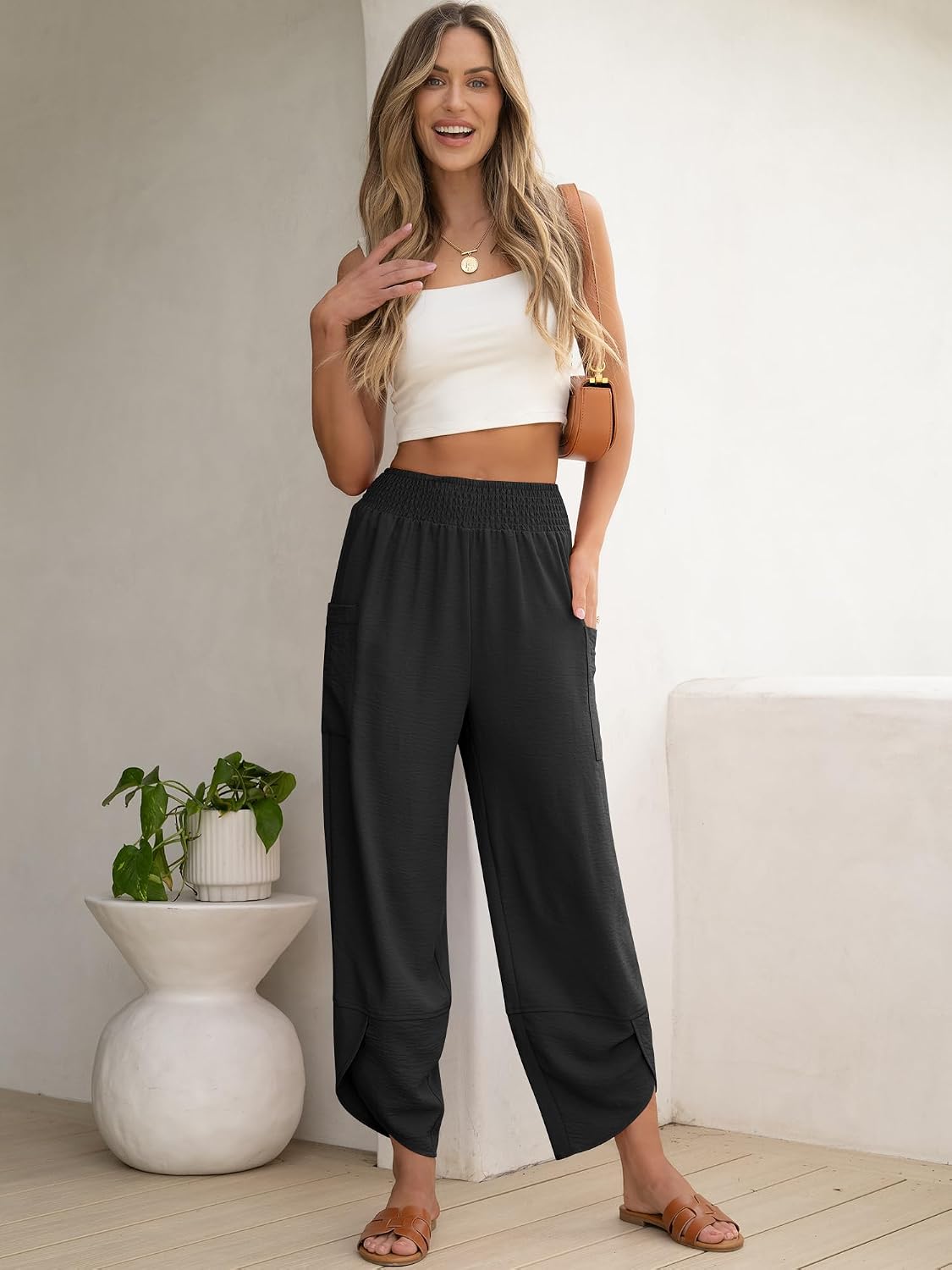 Maëlys Women's Smocked Waist Barrel Leg Cropped Pants with Utility Pockets