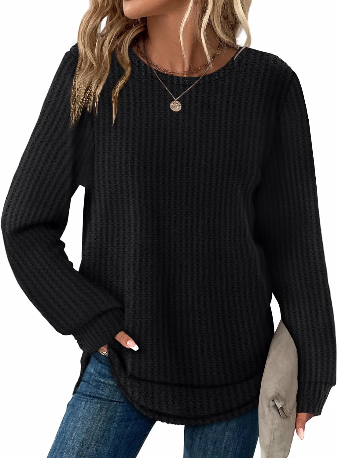 Joseph Women's Waffle Knit Tunic Top – Round Neckline, Full-Length Sleeves & Curved Hem