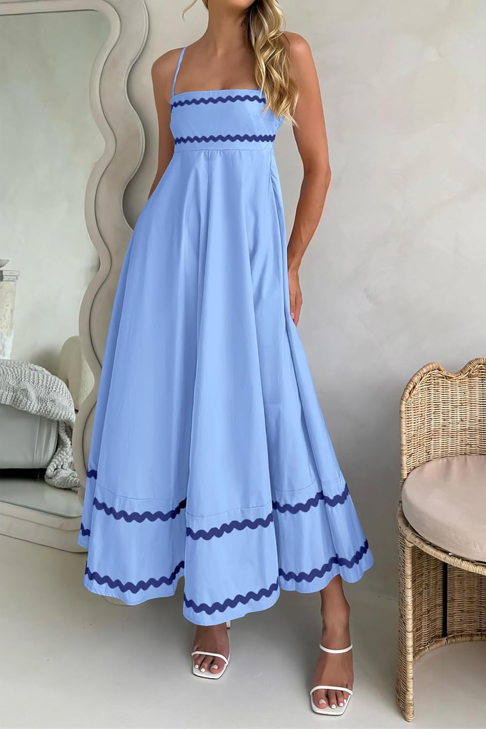 Ysabelle Spaghetti Strap Boho Maxi Dress with Square Neck and Contrast Trim Details