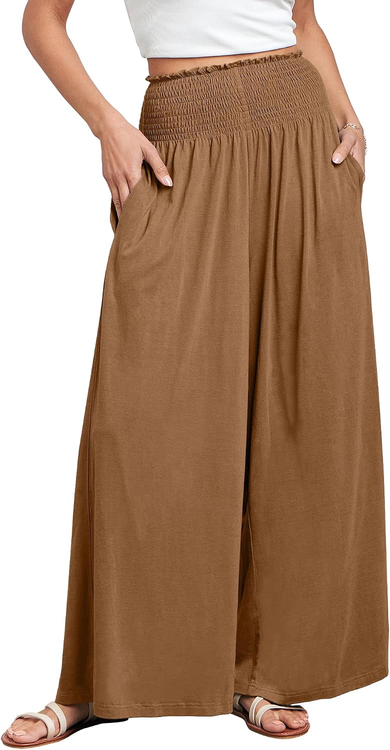 Fatima - Smocked High Waist Wide Leg Palazzo Pants with Pockets and Relaxed Fit