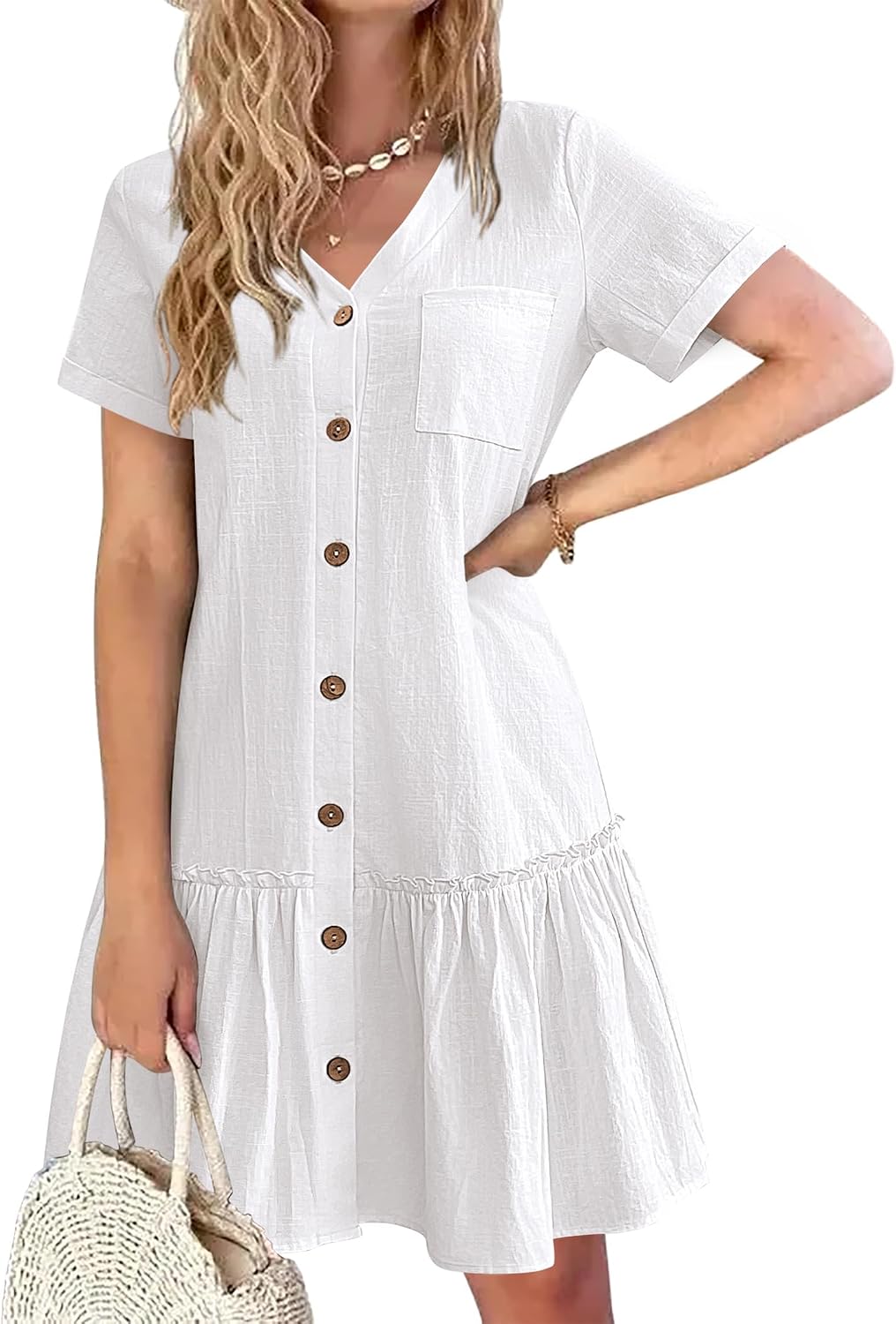 Celestine Cotton Linen Button Front Mini Dress with V-Neck, Ruffle Hem and Pocket