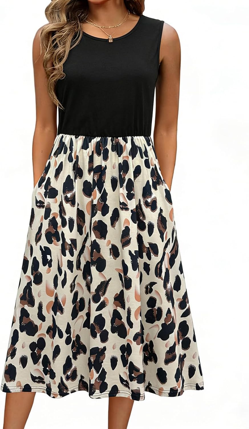 Evangeline Women's Sleeveless Botanical Print A-Line Midi Dress with Pockets