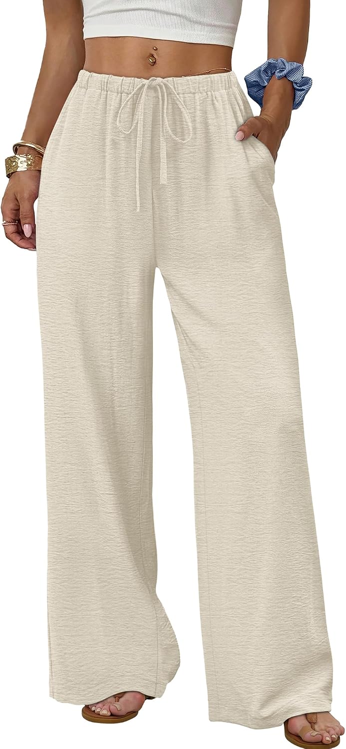 Lualhati - Flowy Wide Leg Palazzo Pants with Drawstring Waist and Side Pockets