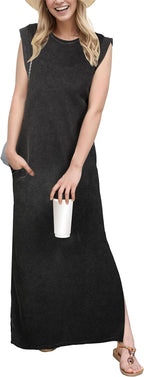 Coralie Women's Sleeveless Maxi Dress with Side Slit, Pockets & Wrinkle-Resistant Fabric