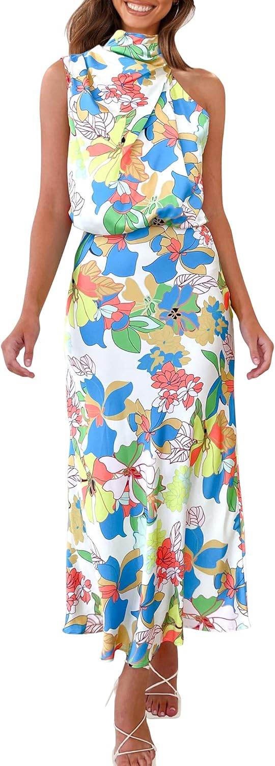 Vivienne Women's Satin Mock Neck Maxi Dress with Asymmetrical Shoulder & Flowy Skirt